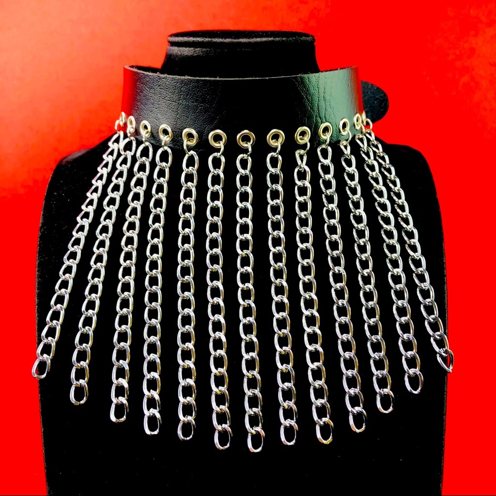 Super Sick and Chunky Punk Dangling Tassels Chains Choker Collar Vegan Leather